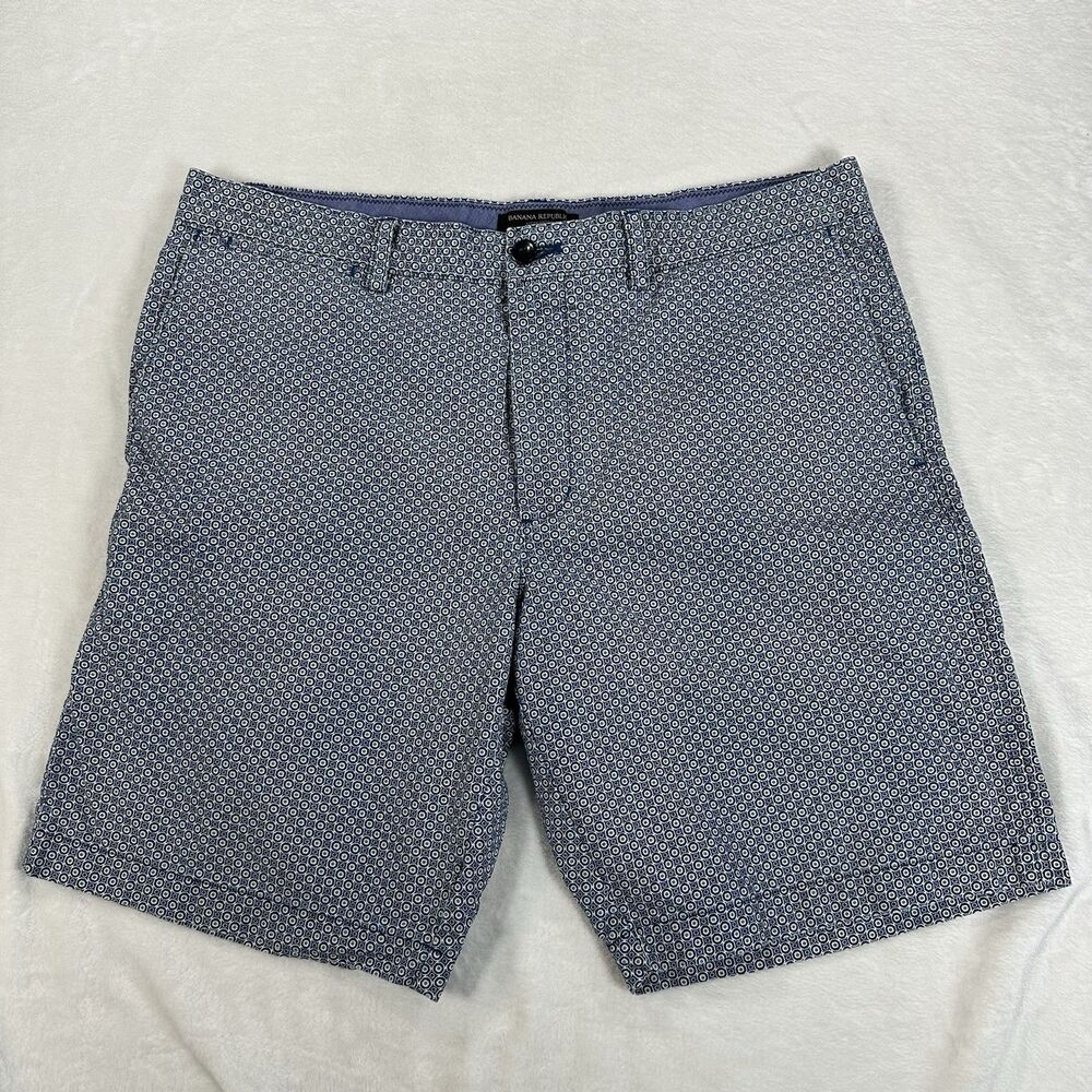 Banana Republic Aiden Mini Print Shorts Men’s 36 Blue Geometric Flat Front Chino